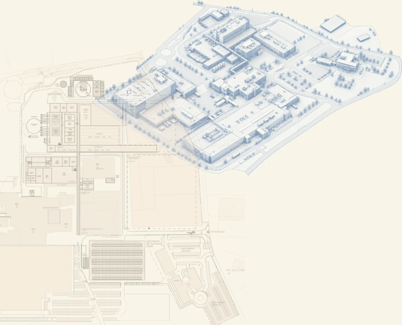 Site plan and axonometric view of the production campus