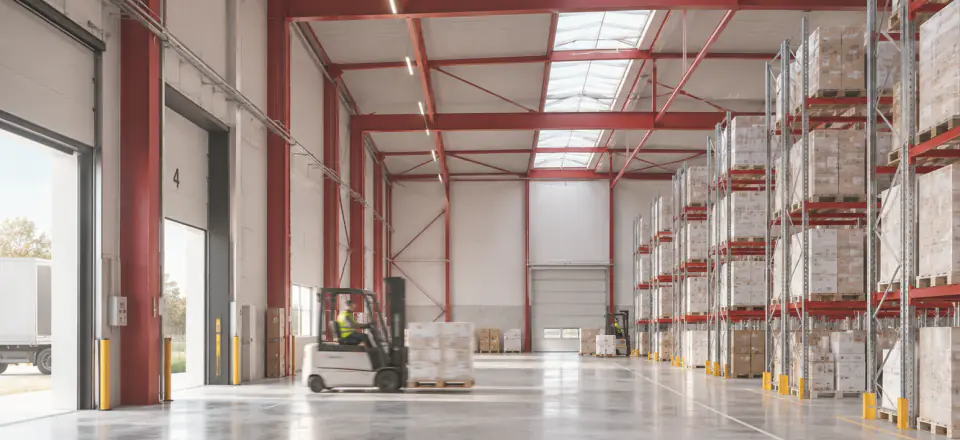 Warehouse with red racking under roof lights