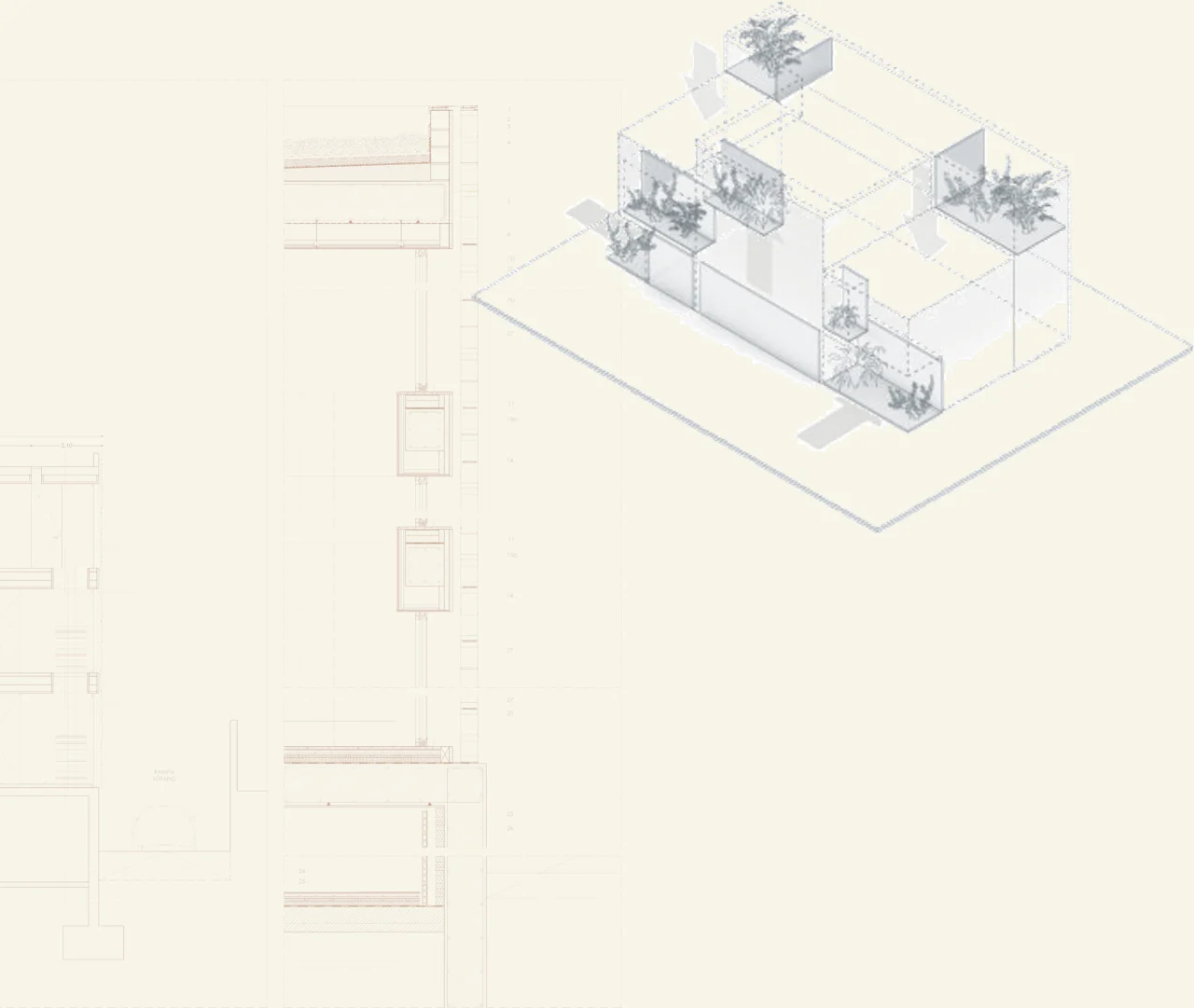Construction section and axonometric view of the four volumes