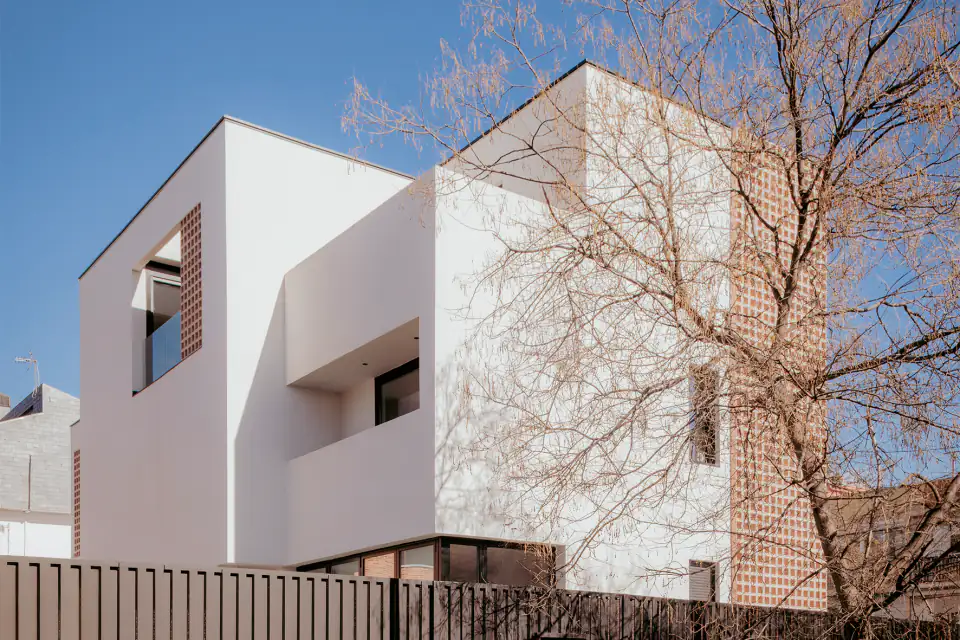White rendered volumes of the house behind a bare tree